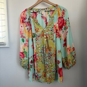 Fig & Flower XL Floral Blouse Mint Peasant Sleeve Relaxed Spring Preppy Garden